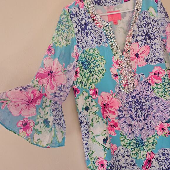 Lilly Pulitzer Elenora Silk Dress Floral Pearls Beaded Womens Size Large - Picture 4 of 13